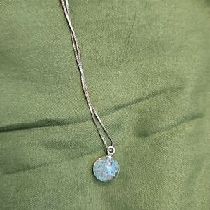 Elegant Silver Necklace with Blue Glass Pendant And Matching Earrings